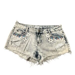 Karma Blue Acid Wash Distressed Floral Lace Embroidered Mid Rise Shorts - 12